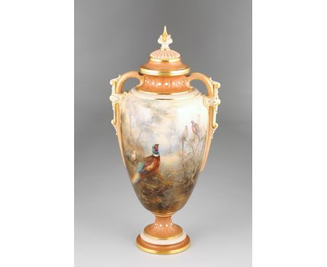An Exhibition quality double handled Royal Worcester vase and cover of large proportions Model No. 2354, hand painted with ph
