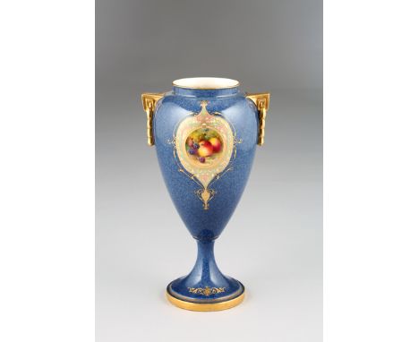 Royal Worcester vase, ovoid form on an elongated stem and circular foot, gilt handles, sapphire blue ground with a hand paint