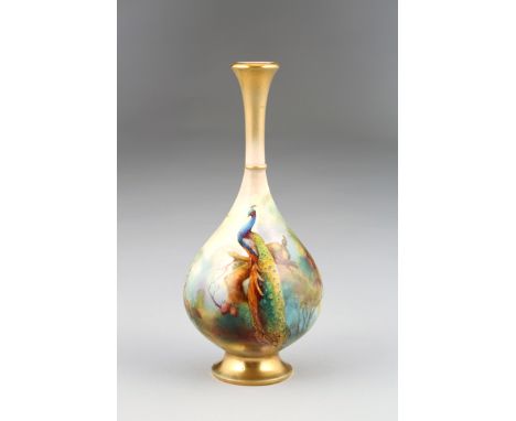 Royal Worcester vase, ovoid form with elongated neck, hand painted pair of peacocks in woodland landscape, signed Austin, dat