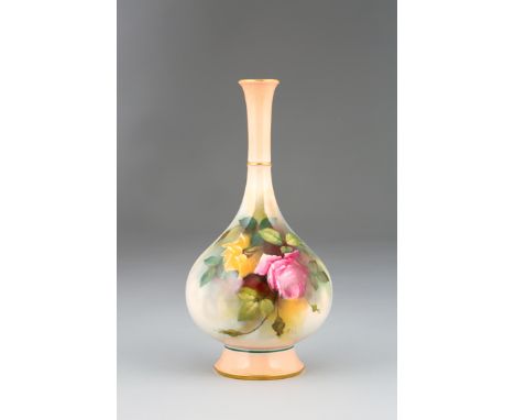 Royal Worcester bottle shaped vase, hand painted with roses, signed. F104/H10. Date coded 1909 