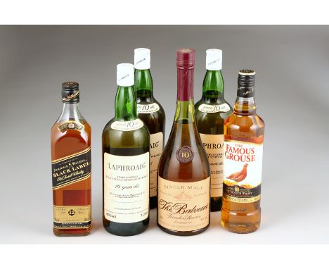 Three 1 litre bottles of 10 year old Laphroaig Unblended Islay Malt Scotch Whisky 43% volume. One 1 litre bottle 10 year old 