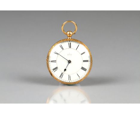 Ladies 18 carat gold pocket watch, white enamel dial, black roman numerals, No 7/6835 chased foliate decoration to case. Tota