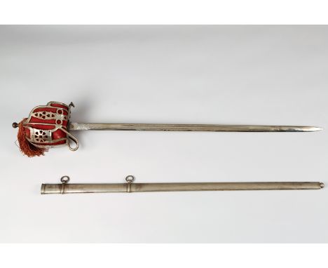 George V Scottish Officers Basket Hilt Dress Sword, engraved blade with G R cypher, steel scabbard. 81cm blade