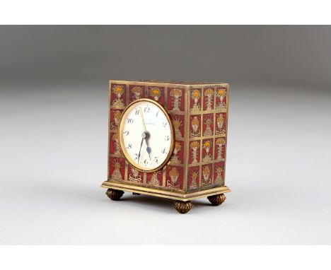 Small gilt metal and enamel travel alarm clock, in a crocodile brown leather travel case, by Collingwood No. 27913, 5cm long 