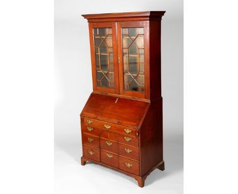 Edwardian inlaid mahogany bureau bookcase, plane cornice over twin astragal glass doors with shelved interior over a fall fro