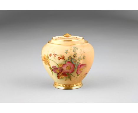Royal Worcester jar and lid, blush ware with hand painted flowers, model No. 1314, date coded 1899. 11cm high 
