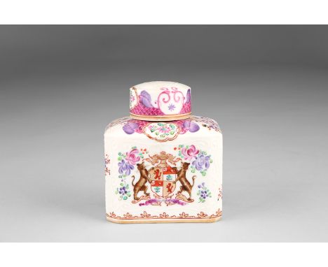19th Century English porcelain tea caddy and cover with armorial decoration. 11cm high