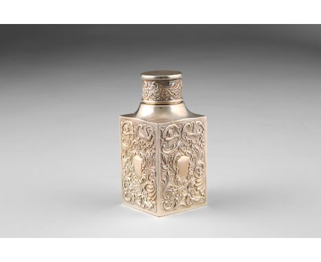 Edwardian silver tea caddy, embossed scroll work with cherubs and doves, Assay marked London 1905 by Goldsmiths & Silversmith