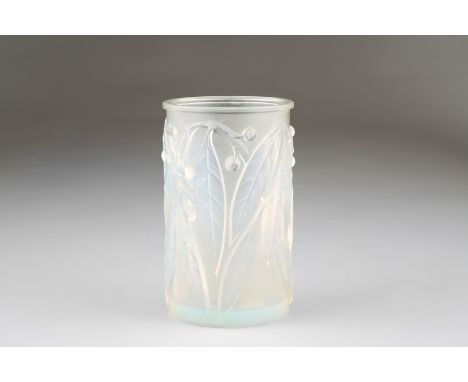 Rene Lalique (1860-1945) opalescent cylindrical vase, leaf and berry, signed R. Lalique, France No. 947 17.5cm high 