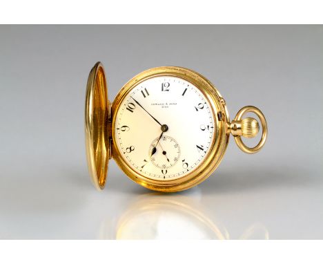 Gents 18 carat gold Hunter pocket watch, white enamel dial with subsidiary dial by Edward & Sons No 3744, monogram to cover. 