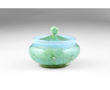 Scottish Monart glass trinket dish and cover, in blue and green, makers and retailers label to base, 10cm high 13cm diameter