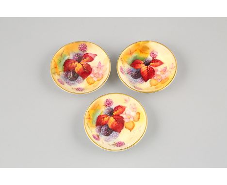 Royal Worcester three small trinket dishes, hand painted with brambles, signed K. Black. 67mm diameter