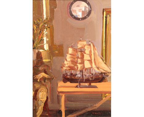 Robbie Wraith (British born 1952) ARR Framed oil on board, signed 'Still Life, model of a Sailing Ship' 27cm x 19cm 