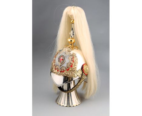 1871 Pattern Lifeguard Officers Helmet, complete with ornate QVC plate and white horse hair plume and large rose pattern side