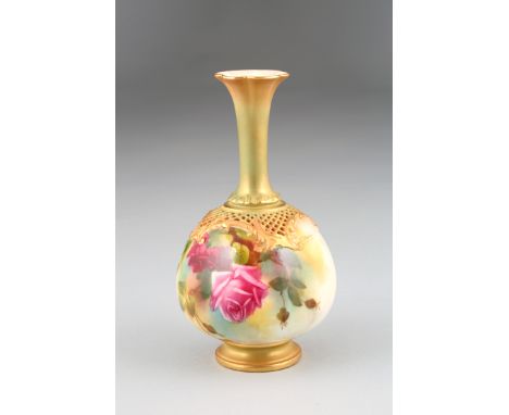 Royal Worcester bottle shaped vase, pierced upper body model No. G991 hand painted with roses, signed Lepman, date coded 1912