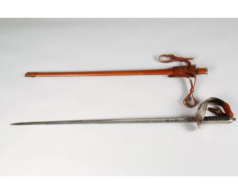 1897 Pattern George VI WWII British Infantry Officers Sword possibly by Wilkinson, etched 82cm blade, leather field scabbard 