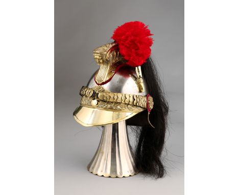 19th Century French Cuirassier Troopers Helmet, circ 1870, steel body with brass fittings, black horse hair tail, red horse h