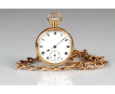 9 carat gold gents pocket watch, white enamel dial, Roman numerals, seconds subsidiary dial, total weight 84.3 grams plus a 9
