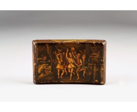 19th Century Mauchline ware snuff box, wooden hinged cover, hand painted with an interior scene with Robert Burns reciting po
