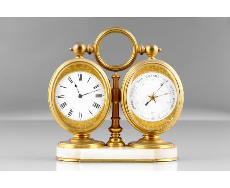 19th Century gilt metal desk time piece and barometer compendium, mounted on a white marble base, in a black leather travel c