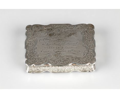 Victorian silver snuff Box, hinged cover with presentation inscription dated 1847 chased scrolling acanthus leaf decoration. 
