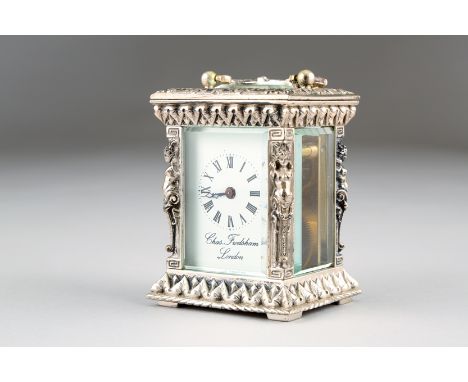 Boxed silver carriage clock by Charles Frodsham & Co. Ltd London, white dial, Roman numerals, 6cm long 5.5cm wide 8cm high (e