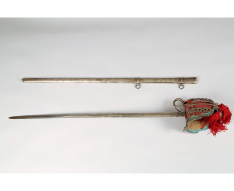 George V Scottish Officers Basket Hilt Dress Sword, engraved blade, steel scabbard. 81cm blade