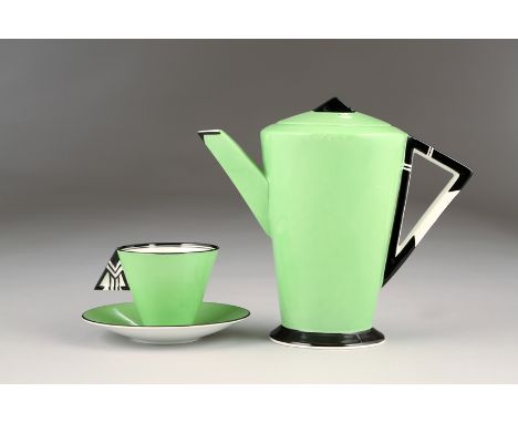 Art Deco Shelley bone china coffee set, conical form finished in apple green with black circular feet and black and white tri