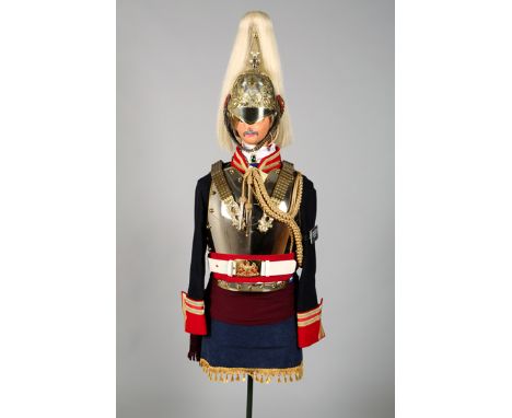 Reproduction 1812 Officers Royal Horse Guards Tunic with 1871 pattern trooper helmet, white horsehair plume and leather backe