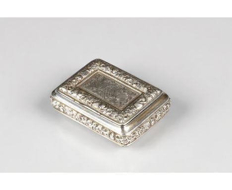 George III silver snuff box, engraved and chased foliate decoration; vacant cartouche. Assay marked Birmingham 1817. 6cm long