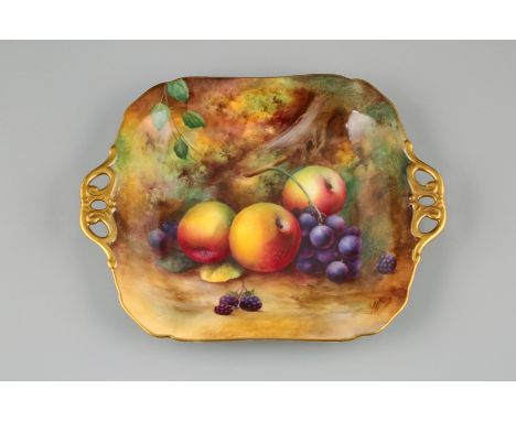 Royal Worcester cake plate, hand painted with fruit on a naturalistic background, signed Price, date coded 1928. 28cm long 22