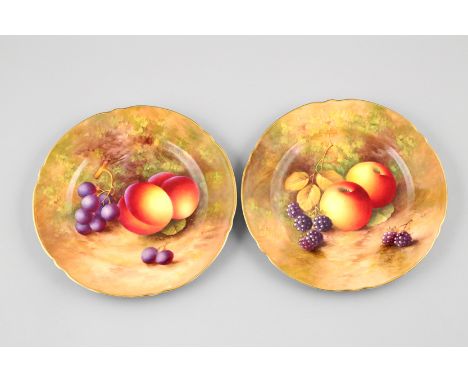 Pair Royal Worcester plates, hand painted with fruit in a naturalistic background, signed H. Ayrton. 20cm diameter