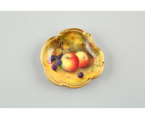 Royal Worcester shaped dish, hand painted fruit in naturalistic background signed A Shuck, date coded 1934. 11.5cm long 11cm 