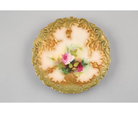 Royal Worcester cabinet plate, decorated with hand painted roses, signed Bray, date coded 1908. 22cm diameter 