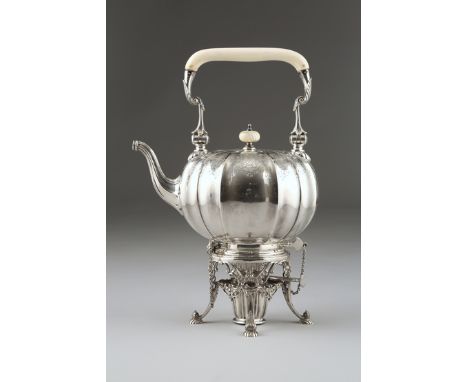 1930s Mappin and Webb silver four piece tea service, melon form, consisting of a teapot, sugar, cream and a hot water pot wit