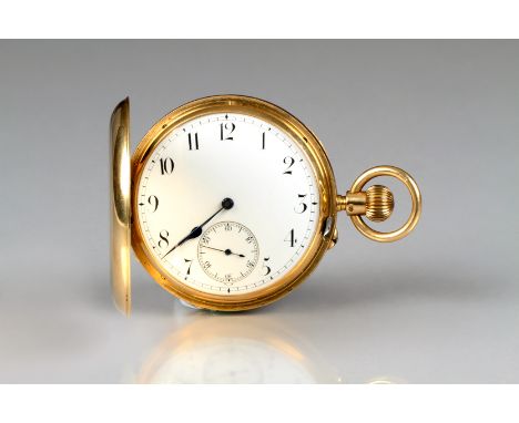 Gents 18 carat gold Hunter pocket watch, white enamel dial with a seconds subsidiary dial, total weight 122.4 grams 