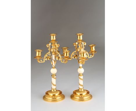 Pair Victorian gilt metal and ivory candelabra bases stamped HN &Co. 43cm high 
