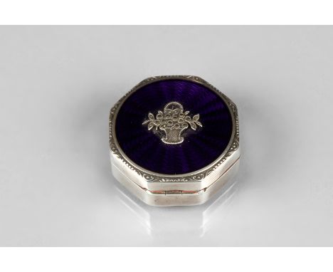 Ladies continental silver and enamel powder pot, blue enamelled hinged cover with silver basket of flowers opening to reveal 