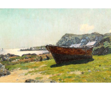 Robert McGowan Coventry ARSA RSW (Scottish 1855-1941) Framed oil on canvas, signed 'Seascape with boat and figures on foresho