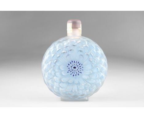 Rene Lalique frosted glass bottle, circular form, with both sides moulded with a flower Dahlia, etched to base R. Lalique, Fr