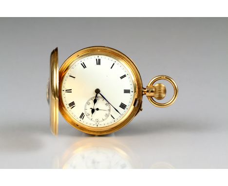 Gents 18 carat gold keyless half Hunter pocket watch, Hunter case with glass aperture, white enamel dial Roman numerals, seco