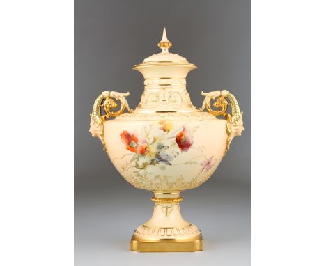 A magnificent double handled Royal Worcester blush ware vase and cover Model No. 1572 with hand painted poppies and butterfli