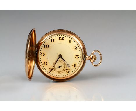 Gents slim 9 carat gold Hunter pocket watch, white enamel dial with a seconds subsidiary dial, total weight 68.7 grams 