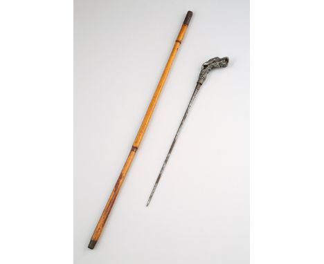 Bamboo cane sword stick, 39cm, square blade, stamped Acier Bedel and Solingen to other side, pewter handle in the form of a r