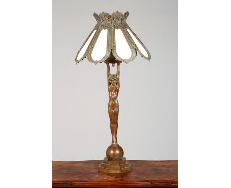 Art Deco bronzed figure table lamp and shade, nude maiden standing on a ball, with her arms held up holding the shade fitting