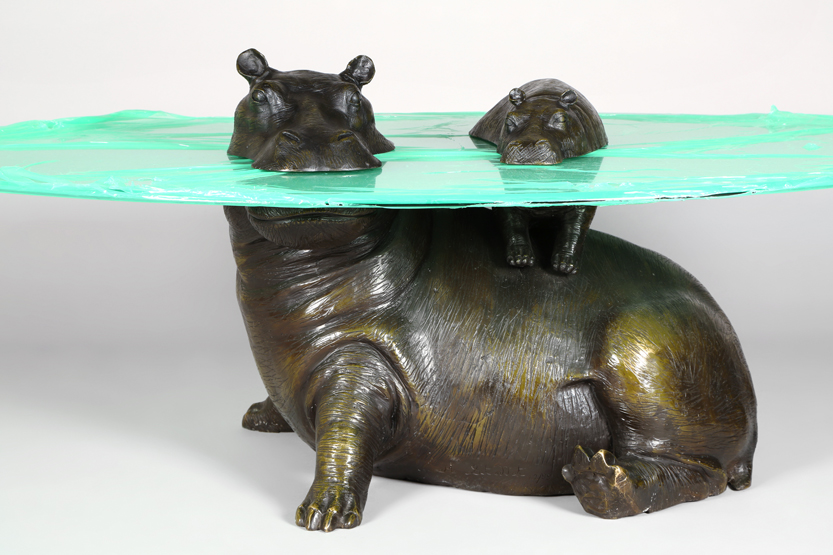 Bronze Mother and Baby Hippo glass topped table Limited Edition No. 62/