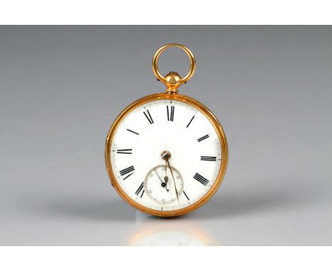 Gents 18 carat gold pocket watch, white enamel dial roman numerals with a seconds subsidiary dial. Total weight 98 grams 