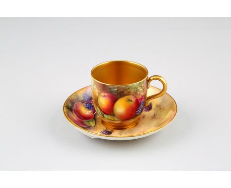 Royal Worcester coffee cup and saucer, hand painted with fruit in a naturalistic background, signed Moseley and Everett, cup 