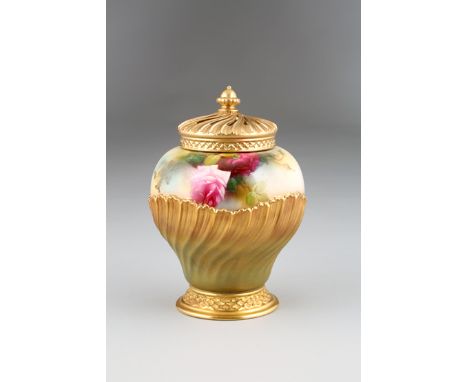 Royal Worcester Pot Pourri vase and cover, half fluted body with hand painted roses, signed Hunt, gilt pierced cover with aco