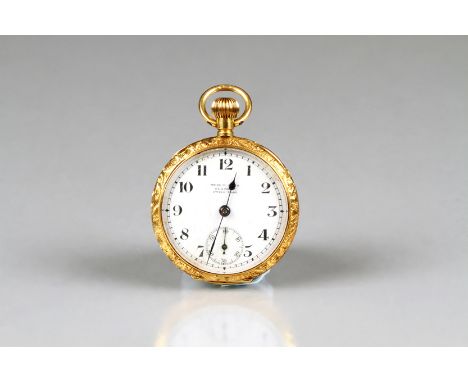 Boxed ladies 18 carat gold pocket watch, white enamel dial, 25mm diameter, seconds subsidiary dial, chased foliate decoration